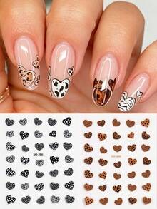 2pcs 3D Black White Brown Heart-Shaped Leopard Print Nail Stickers, Animal Leopard Print Footprint Stickers, Nail Supplies Stickers, Holographic Self-Adhesive DIY Nail Decoration - Multicolor - View 2