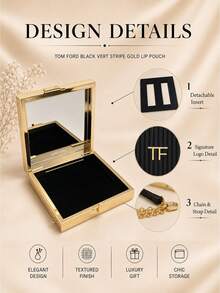Tom Ford TF Black Vertical Stripe Gold-Trimmed Lipstick Pouch, 10.5*10.5cm, With Wrist Strap And Built-In Storage Slot, Perfect For Carrying Lipstick Or As A Delicate Gift - Black - View 6