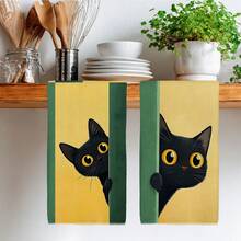 2PCS Cute Peeking Cat Pattern Printed Kitchen Towels 40*60cm Simple Style Rectangular Microfiber Kitchen Towels, Dish Cloths, Tablecloths, Hand Towels, Kitchen Decor, Housewarming Gifts For Neighbors, Perfect For Kitchen And Bathroom Use, Suitable For Housewives And Family Gatherings, High Cost-Performance, Essential Household Item - Green - View 8