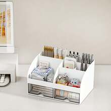 1pc Desktop Organizer With 6 Compartments And 2 Drawers, Plastic Makeup Organizer, Desktop Pen Holder, Suitable For School, Home, Office Supplies Desktop Organization - Multicolor - View 5