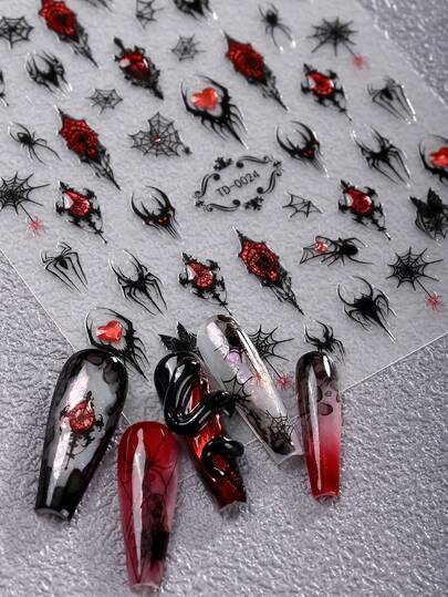 1pc 5D Halloween Nail Stickers, Gothic Rose, Butterfly, Snake And Gemstone Self-Adhesive Nail Art Decals, Perfect For Women Halloween Party And DIY Nail Art