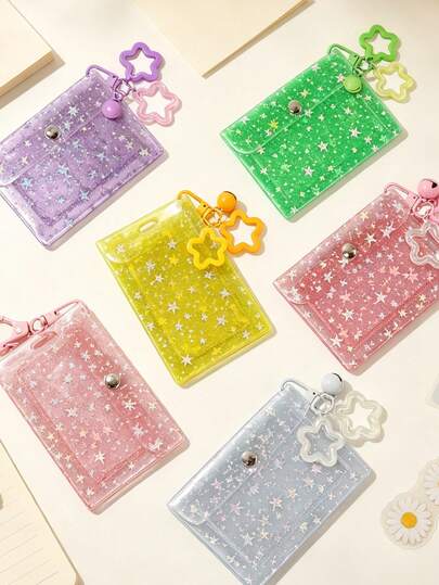 Sparkling Star Credit Card Holder Storage Box With Hook, Bell & Flower Pendant Photo Display Frame, Also Functions As Bus Card Sleeve, ID Holder, Coin Purse, Small Pouch, Compatible With Instax Photo Paper, Idol Photocards, Bank Cards, Earrings And Other Mini Items, Sweet & Cool Y2K Millennium Style, Suitable For Students And Idol Fans For Daily School, Commuting, Shopping, Gatherings, Concerts, Graduation Season, Back To School, Teacher Gift, For Fellow Fans, Family And Friends