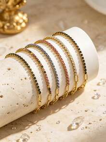 1pc Classic Elegant Style Stainless Steel Chain Bracelet With Colorful Glass Decoration, Suitable For Women's Daily Wear Or Holiday Gift For Best Friends - Yellow Gold - View 5