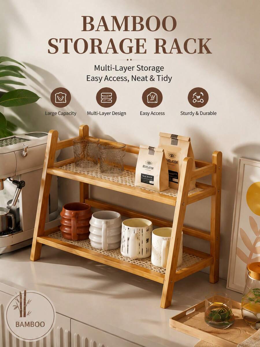 Kitchen Simple Multi-Function Home Storage Rack, Kitchen Cabinet Organizer, Desktop Woven Rattan Trapezoid Spice & Cup Holder, Cup Storage Rack - Multicolor - View 1
