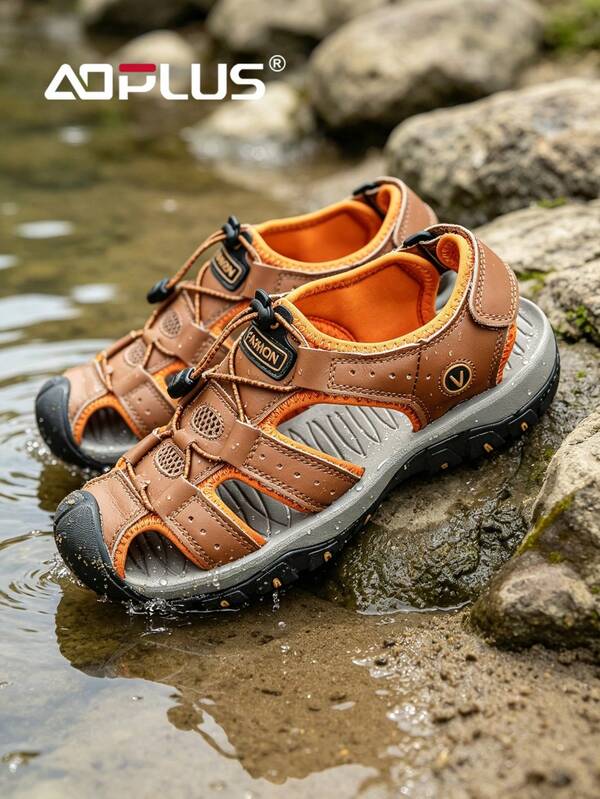 AoPlus Men Closed Toe Protective Outdoor Sandals, Breathable PU Upper Non Slip Rubber Sole Adjustable Strap Water Hiking Sneakers For Beach Trekking