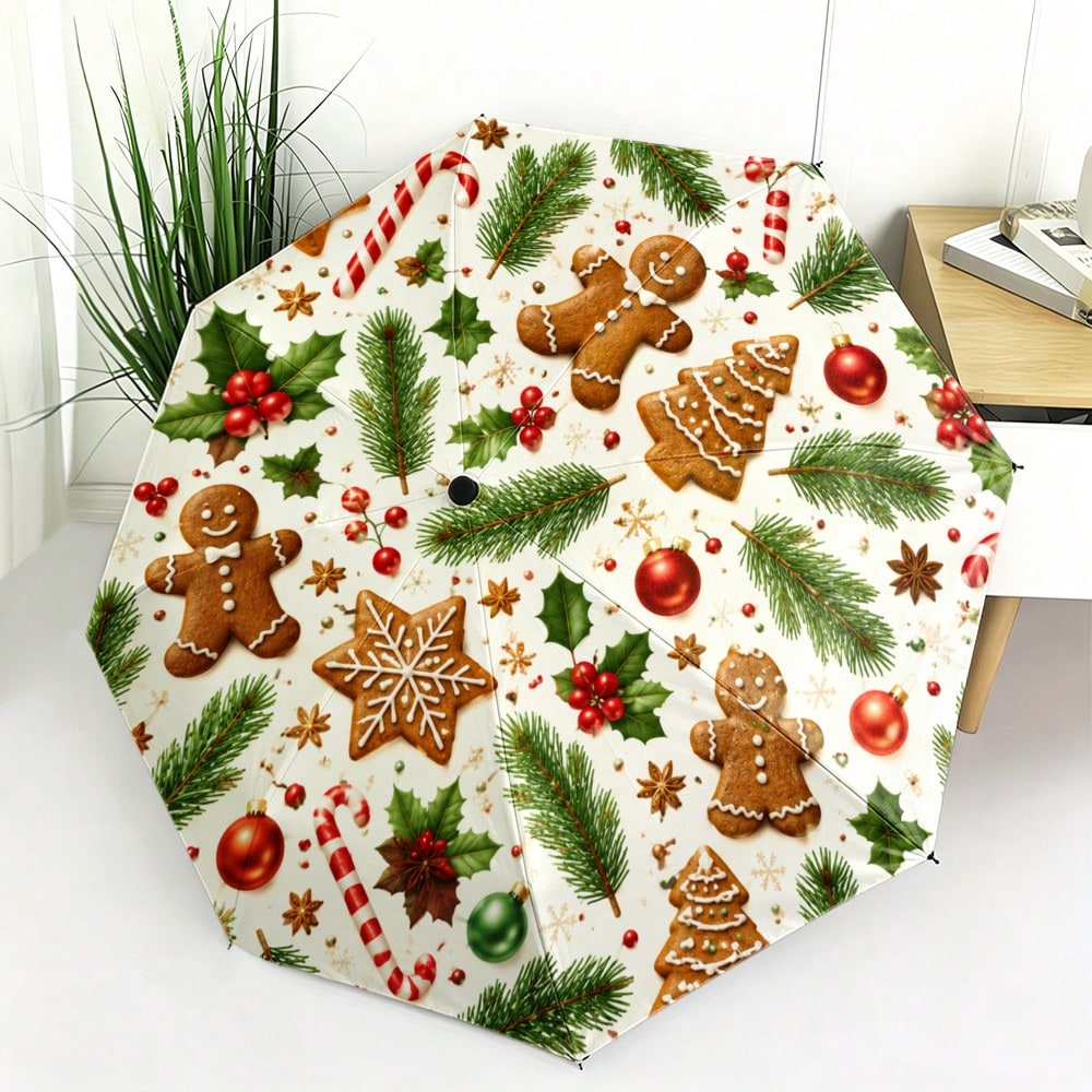 1pc Christmas Folding Umbrella - Gingerbread Man, Gingerbread Christmas Tree, Candy Cane, Christmas Ball And Pine Branch Holly Combination Theme, 2D Flat Print Folding Umbrella, Internal Or External Print Optional, Suitable For Various Daily Travel Scenarios, A Practical Item For Creating Holiday At