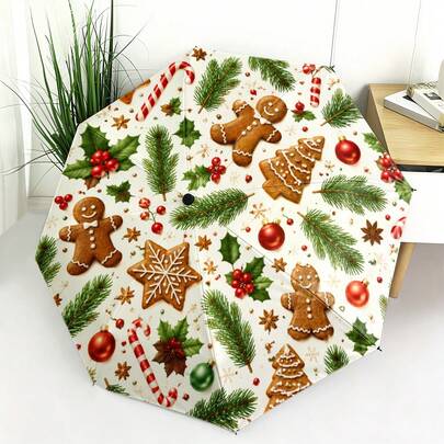 1pc Christmas Folding Umbrella - Gingerbread Man, Gingerbread Christmas Tree, Candy Cane, Christmas Ball And Pine Branch Holly Combination Theme, 2D Flat Print Folding Umbrella, Internal Or External Print Optional, Suitable For Various Daily Travel Scenarios, A Practical Item For Creating Holiday Atmosphere And Daily Use, Also An Ideal Holiday Gift!