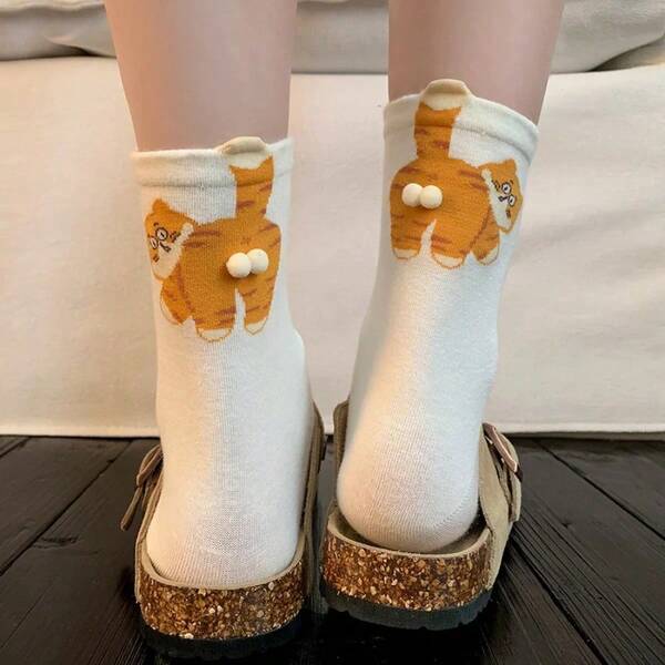 1 Pair Unisex Mid-Calf Socks, Soft Comfortable Sweat-Absorbent Breathable Casual Couple Socks, Cartoon 3D Cat & Egg Socks