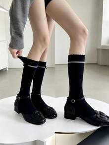 Spring/Summer Sweet Lace Bow Long Tube Slouch Socks, Versatile Solid Color Socks For Home And JK Style - Multicolor - View 4