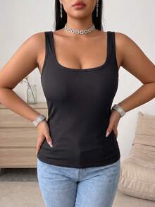 1pc Women's Plus Size Round Neck Wide Strap Tank Top, Soft Skin-Friendly Fabric, Built-In Padded Cups, Suitable For Casual Daily Wear - Black - View 2