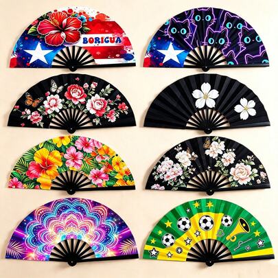1PC Hot-Selling Plastic Hand Fan, 10-Inch Kung Fu Fan Bone, Large Size Party Fan, European And American Style, Colorful, Each Fan Has Different Pattern And Position, Randomly Sent