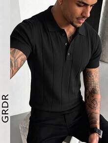 GRDR Men's Summer Polo Ribbed Knit Short Sleeve, Suitable For Summer Business Gatherings, Minimalist Versatile - Black - View 2