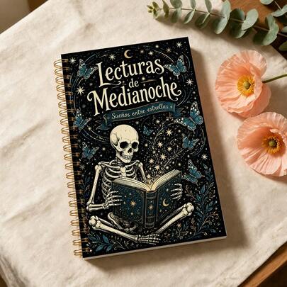 1pc Spanish Midnight Reading Skeleton Starry Sky Theme Notebook A5 (5.5x8.3 Inches) Vintage Mysterious Gothic Astrology Illustration Design High Quality Thick Writing Pages Gold Metal Spiral Binding Sturdy And Durable Artistic Excerpt Niche Dark Style Creative Gift Spiral Notebook Dark Vintage Astrology Style Cross-Legged Reading Skeleton Blue Butterfly Crescent Moon Starlight Vine Spanish Text Elements Planner Notebook