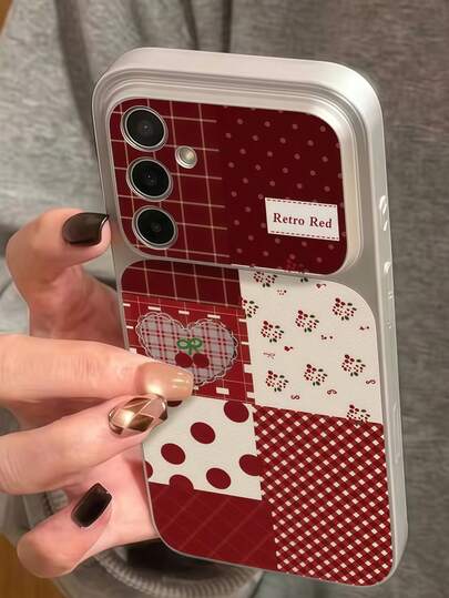 1pc Corning Metal Paint Full Coverage Soft Shockproof Phone Case With Red Plaid Polka Dot Bow Cherry Design, Compatible With Samsung A14/A15/A16/A17/A55/A56/A57, S21/S22/S23/S24/S25/S26, 12C/13C/14C/15C, Honor 600/600Pro/600Lite, Honor X5b/X5C/X6C/X7C/X8C/X6A, Hot 60 Pro/Hot 60 Pro+, Spark 40 Pro/Spark 40, A16/A54/A55 And More Models