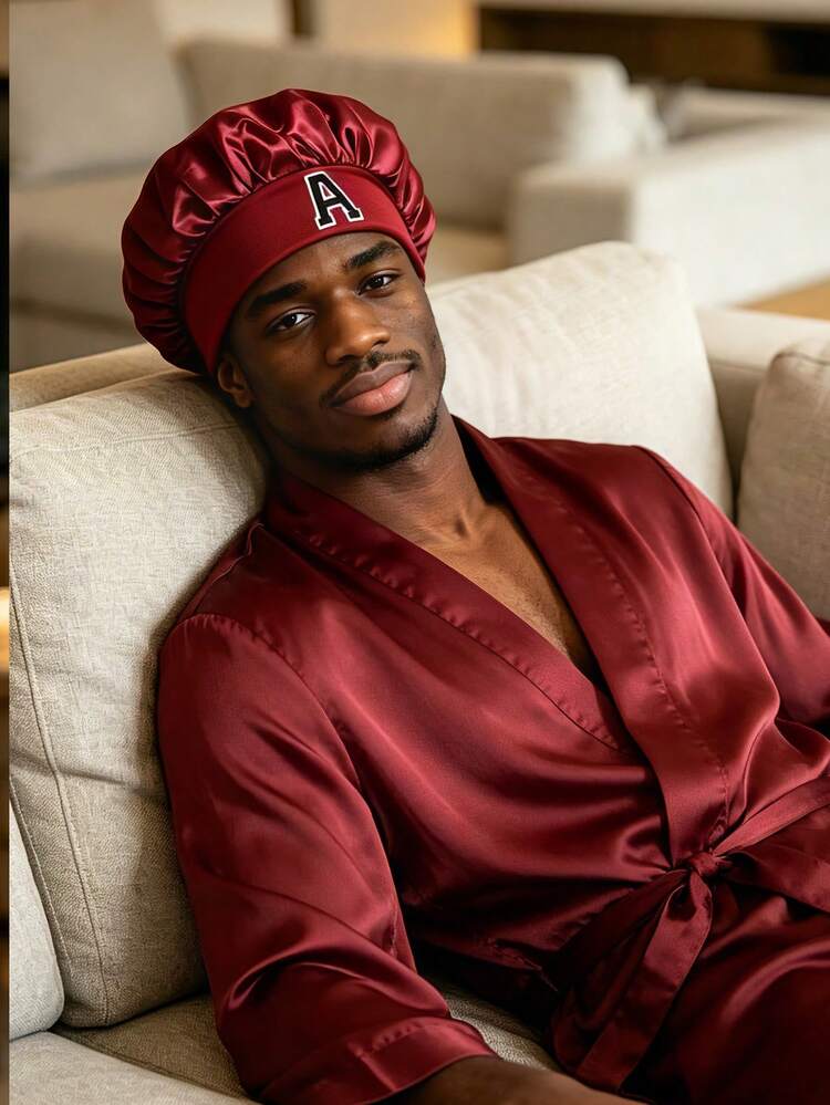 1 Pc Men Winered Satin Silk Bonnet For Sleeping, Double Layer Silk Sleep Cap Soft Satin Lined Bonnet For Curly Hair - Burgundy - View 3