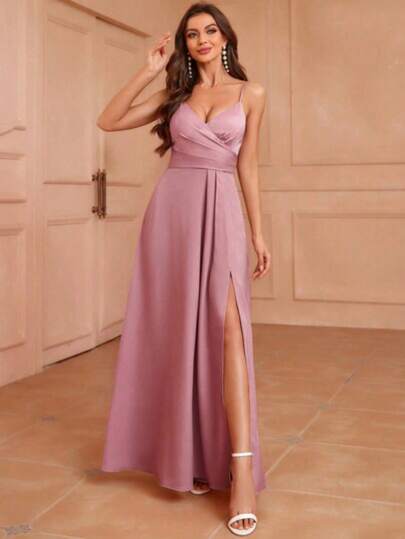 Elitara Vestido de dama de honor elegante con tirantes finos, espalda descubierta, pliegues delanteros y abertura (adulto)