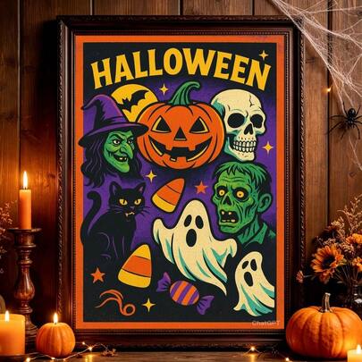 Vintage Retro Halloween Character Vertical Canvas Poster, Dark Purple Background Witch Skull Ghost Black Cat Jack-O'-Lantern Candy Corn Print, Unframed Wall Art For Halloween Farmhouse Garage Home Decor