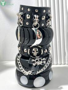 Punk Style Black Resin Bracelet Set Y2K Silver Chain Star Sequin Decor Stackable Bracelets Gothic Style Cool Girl Daily Jewelry Gift - Multicolor a - View 1
