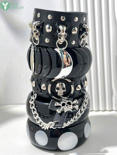Punk Style Black Resin Bracelet Set Y2K Silver Chain Star Sequin Decor Stackable Bracelets Gothic Style Cool Girl Daily Jewelry Gift