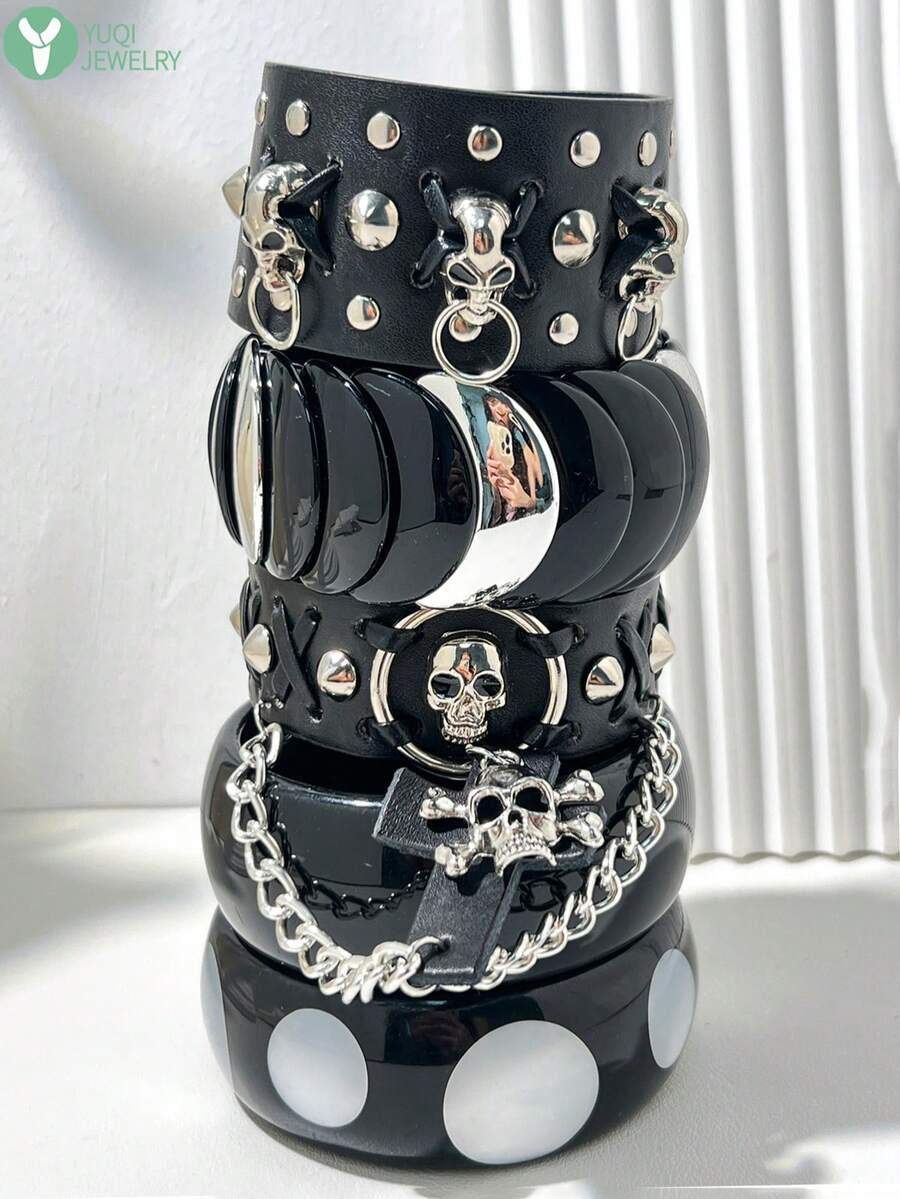 Punk Style Black Resin Bracelet Set Y2K Silver Chain Star Sequin Decor Stackable Bracelets Gothic Style Cool Girl Daily Jewelry Gift - Multicolor a - View 1