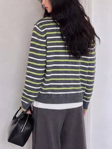 Women's Casual Minimalist Striped Design Round Neck Cardigan Knit Sweater Jacket, Autumn/Winter Fall - Grey - View 2