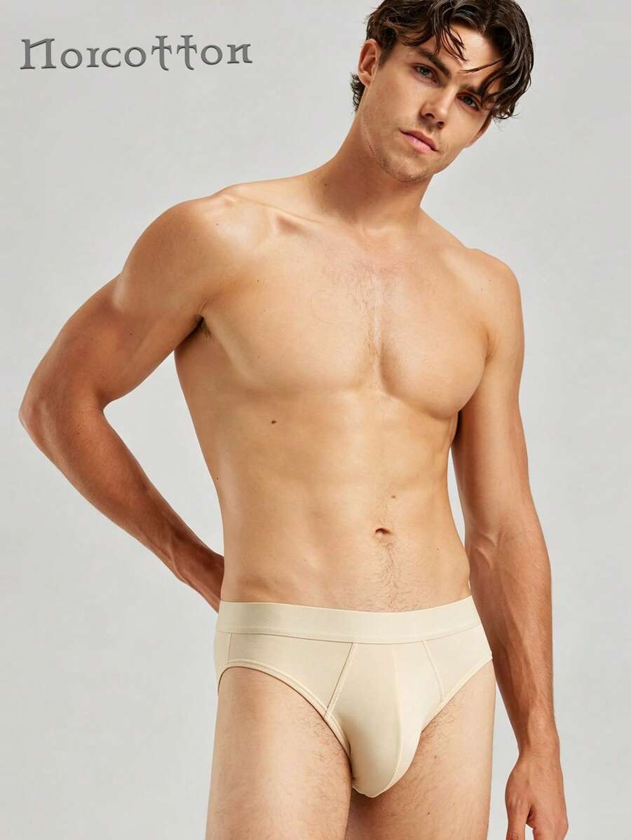 Norcotton 1PC Pure Cotton Solid Color Basic Knit Fabric Men's Briefs With Contrast Waistband - Apricot - View 1