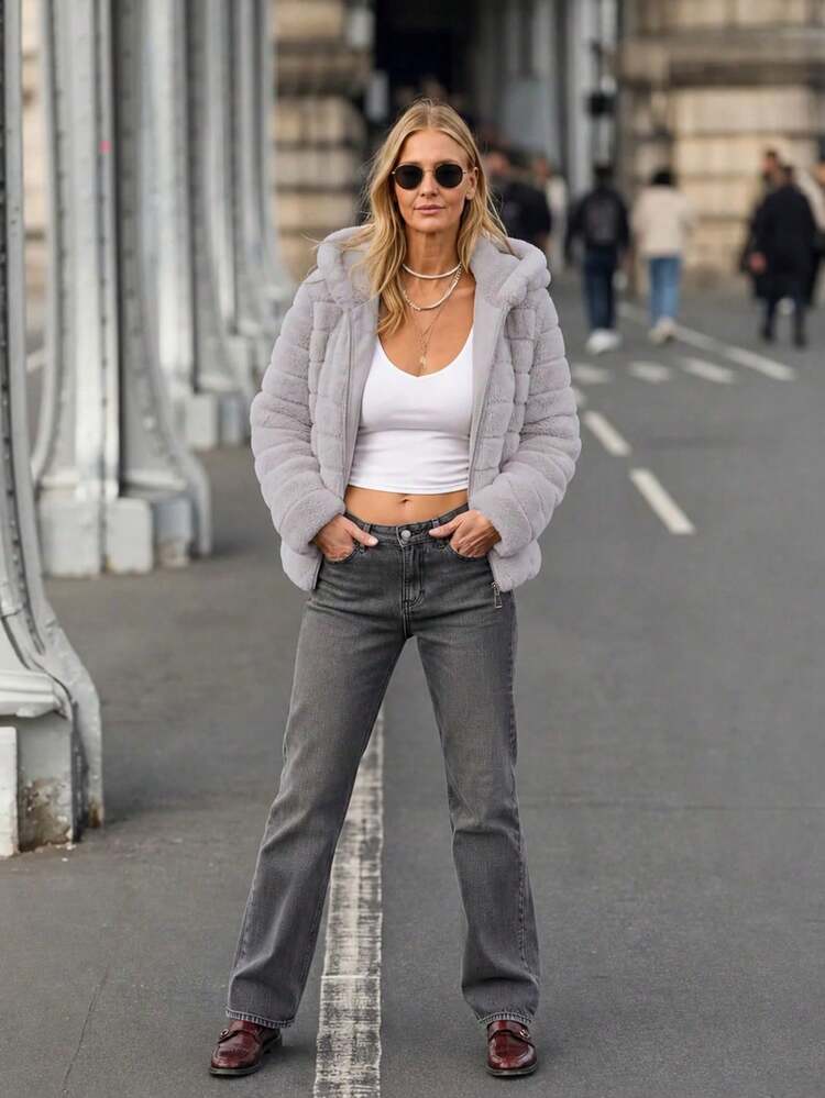 Women's Faux Fur Hooded Pocket Coat - Perfect Choice For Autumn/Winter - Grey - View 7
