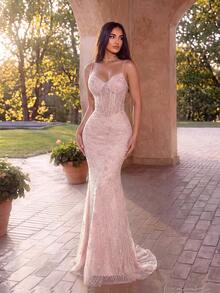 ADYCE Elegant Beaded Embroidered High Waist Floral Applique Flap Back Tie Mermaid Floor Length Party Dress Wedding Fall - Baby Pink - View 5
