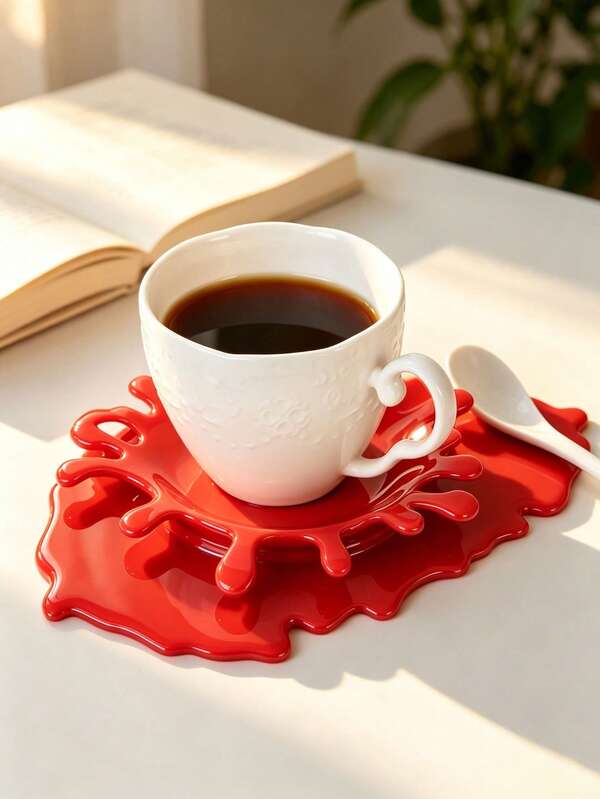 Creative Spilled Ketchup Styling Non-Slip Anti-Scalding Coasters Insulated Cup Holder Spoon Drain Suitable For Halloween Theme.
