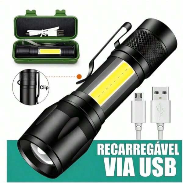Mini Lanterna LED Recarregável USB com Zoom e COB Super Potente Compacta para Emergências