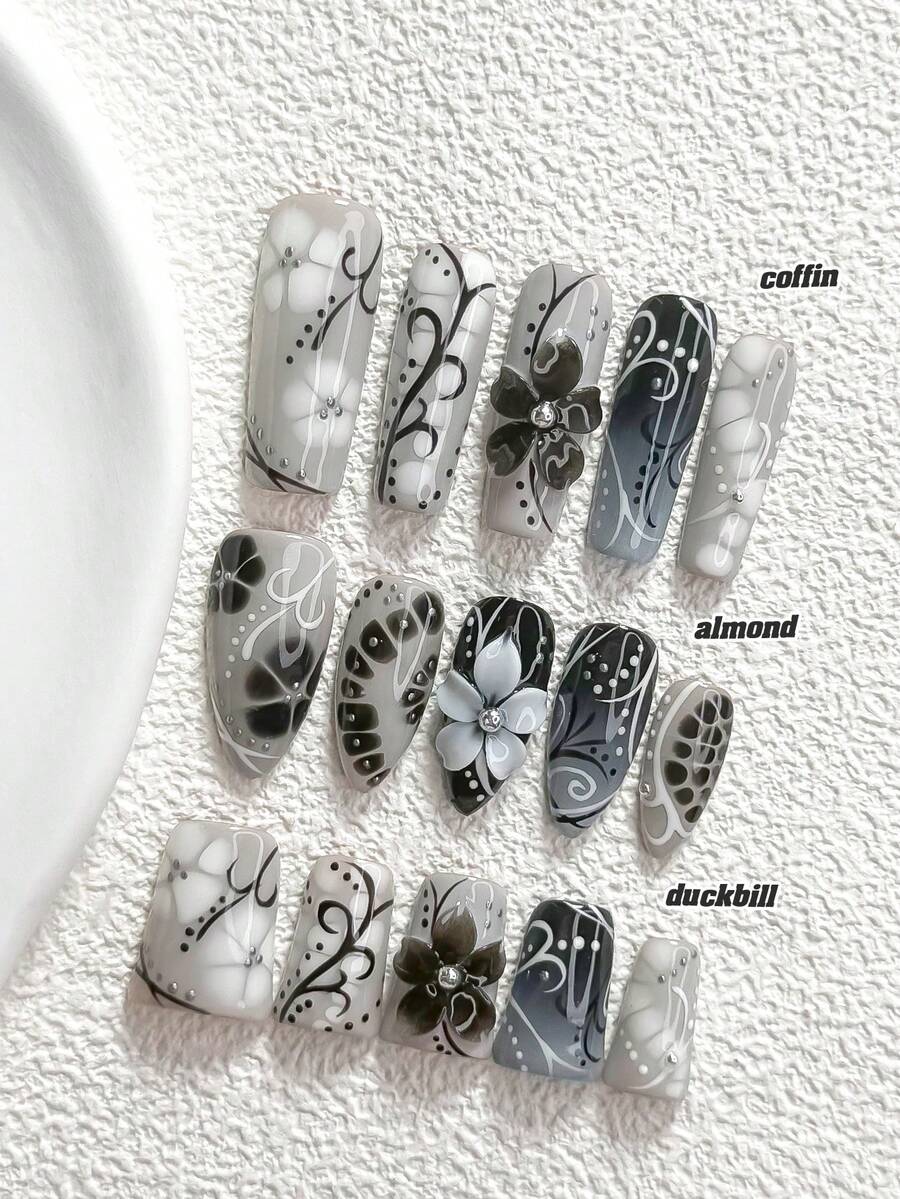 10片獨特風格手工穿戴甲,Polygel美甲套組,手繪花卉與圖案,黑白美甲油,時尚風格,附美甲工具,3種尺寸可選,杏仁、鴨嘴、棺材形,適合派對、跳舞、日常配戴 - 彩色 - 查看 1