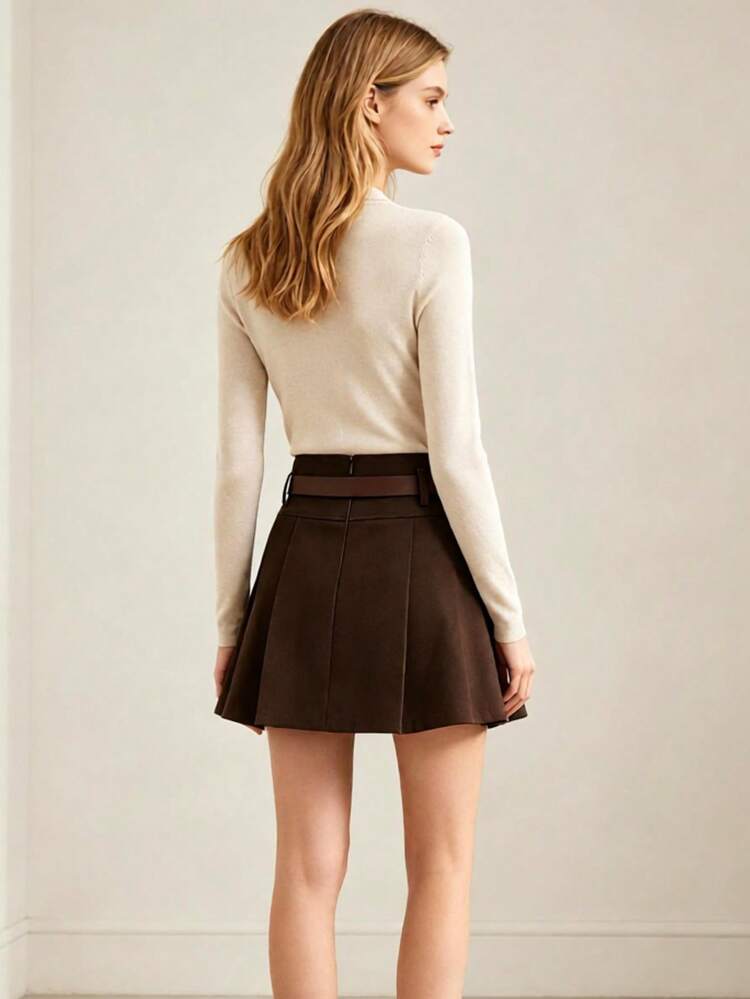 Women's Pleated A-Line Skirt, High Waist Slimming Design, Versatile Skirt For Spring, Autumn And Winter Brown - Brown - View 2