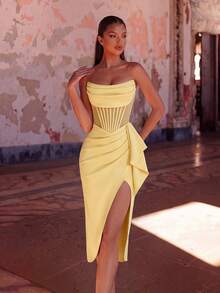 ADYCE Elegant Strapless Ruched Mesh Patchwork Boned High Waist Slit Backless Lace-Up Mid-Length Prom Dress - Yellow - View 7