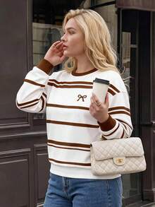 Dripcurv Casual Minimalist Khaki Striped Print Pattern Crew Neck Loose Fit Plus Size Women Sweatshirt, White Long Sleeve Tops Sleeve/Winter Fall - Multicolor - View 4
