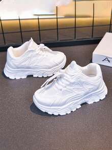 Mesh Mecha Kids Chunky Sneakers, Unisex Children's Slip-On Drawstring No-Tie Thick Sole Serrated Non-Slip Breathable Student Sports White Sneakers, Spring Summer Autumn - White - View 7