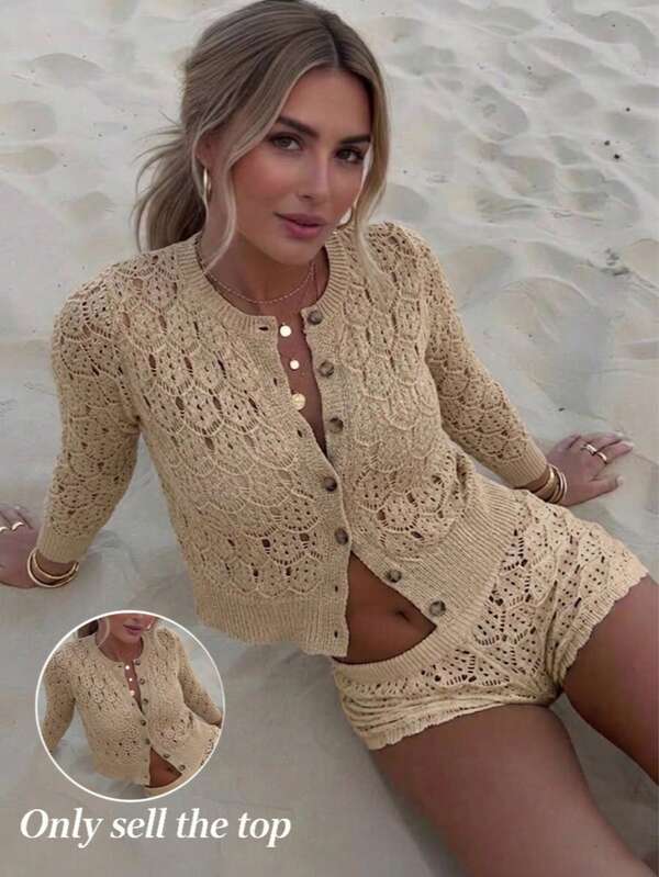 SEREN Damen Häkel-Cut Out-Langarm-Strick-Cardigan, Boho-Knopf-Vorderseite Strandurlaub Oberbekleidung Top, Sommer