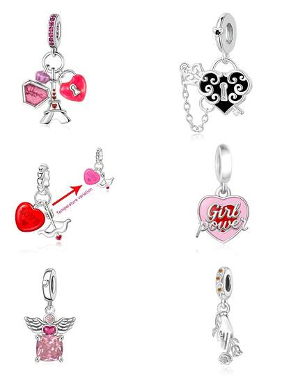 1 pieza Pulsera DIY con cambio de color sensible a la temperatura, colgante de plata con corazón de Cupido, Torre Eiffel, candado de corazón, Girl Power, ángel, rosa, manos entrelazadas, dije Qixi 520, regalo romántico de confesión para San Valentín, cumpleaños, aniversario, para novia o mejor amiga, accesorio de pulsera