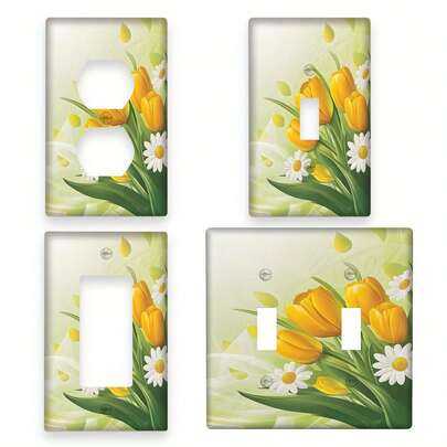 1pc 1Gang/2Gang Green Yellow Spring Flower Wall Plates  Panel Power Outlet Covers, Kitchen Room Home Decor Wall Plates, Use Without Electricity