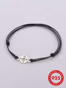 1pc S925 Sterling Silver Engraved Compass Round Pendant Multi-Layer Black Adjustable Wax Cord Bracelet, Travel Adventurer Niche Drawstring Wish Silver Hand Rope Accessory - Silver - View 2