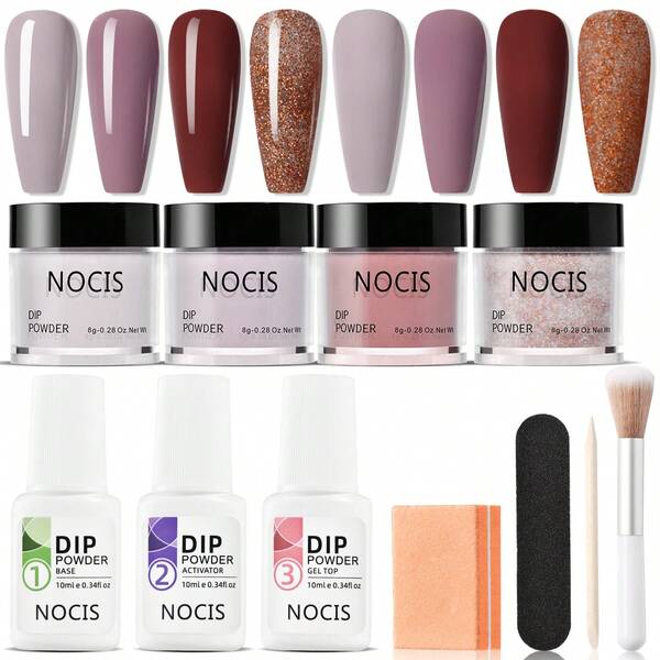 NOCIS Dip Powder Nail Art Set - Acrylic Nail Art Starter Kit, Includes 4 Colors Powder (Grey, Pink, Black Glitter), Base Coat, Top Coat, Activator, Brush, Buffing Block And Nail File - Odorless DIY Nail Art Tools