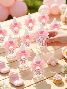 12/6/1 Set - 3.5 Inch Mini Pink Cute Bow Baby Bottle Style Plastic Box, Suitable For Baby Shower Party Decoration, With Pink Footprint Thank You Sticker And Pink Bow Plastic Bottle Style Storage Box Gift Box, Baby Shower Gift, Suitable For Baby Boy And Girl Baby Shower Party Centerpiece Decoration, Gender Reveal Party Tabletop Decoration Small Gift, Return Gift For Guests (Pink) - Pink - View 9