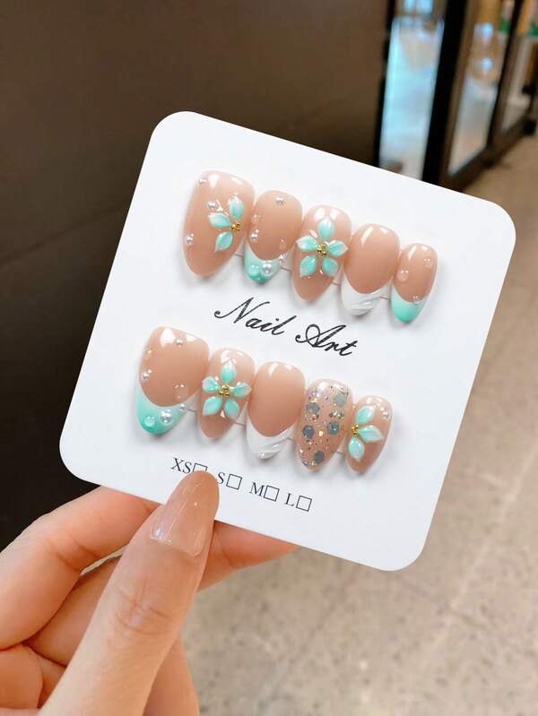 10 Pieces, Handmade, Loose Powder Flower Carving Gradient, Each Piece Has A Handmade Temperature, Small Difference=Unique Handmade Short Almond Shaped Pure Handmade Nail Board Set, Sweet Girl Nail Art, 1 Nail File And 1 Piece Of Jelly Glue