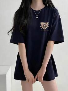 夏季新款 Gen Z Y2K 風格女款設計師金心印花圓領短袖休閒 T 恤 - 藏蓝色 - 查看 5