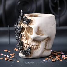 1pc Halloween Skull Planter Decor, Gothic Skeleton Head Flower Pot With Butterfly Design, Spooky Home Tabletop Decoration, Party Ornament - Multicolor - View 4