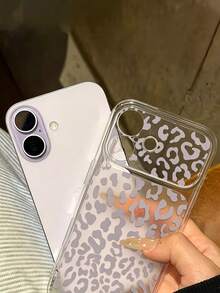 Fashion Luxury Leopard Print Pattern Large Window Full Coverage Phone Case, Matte Light Gray, Asymmetrical Leopard Print Randomly Covering The Shell Surface, Suitable For IPhone 17 17Pro 17Promax 16 16Promax 15 14 13 And Other Models, Full Coverage Soft Frame, Protects Corners From Drops And Collisions, Fresh And Smooth Touch - Clear - View 4