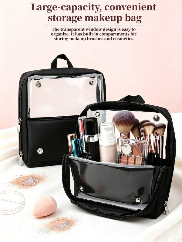 1pc Large Capacity Transparent Window Makeup Bag, Durable Fabric With Multiple Independent Compartments, Portable Travel Cosmetic Organizer, Can Store Makeup Brushes, Foundation, Eyeshadow, Skincare Products, Suitable For Daily Use, Business Trips, Vacations And Professional Makeup Artists