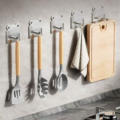 3pcs No-Drill Stainless Steel Adhesive Hooks, Strong Sticky Wall Mount Single Hooks For Bathroom, Kitchen, Multi-Functional Decor Hanging Rack