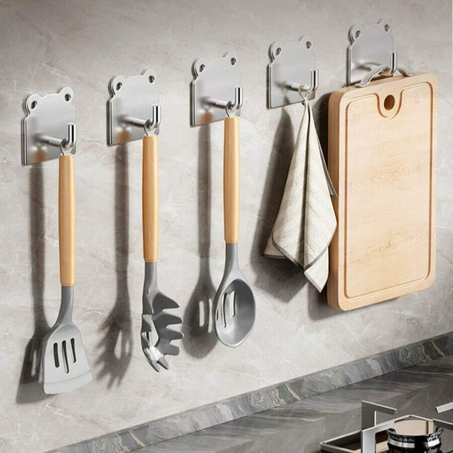 3pcs No-Drill Stainless Steel Adhesive Hooks, Strong Sticky Wall Mount Single Hooks For Bathroom, Kitchen, Multi-Functional Decor Hanging Rack - Multicolor - View 1