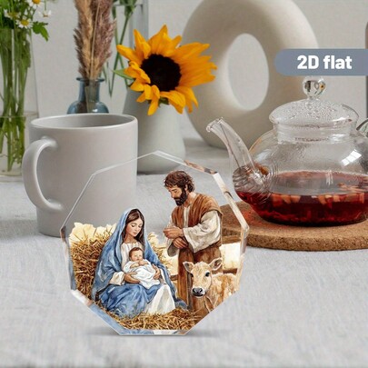1pc Octagon 2D Flat Acrylic Table Plaque, Holy Family Nativity Virgin Mary Desktop Sign, Christian Religious Tabletop Ornament, Prayer Room Church Home Decor, Christmas Winter Holiday Religious Gift