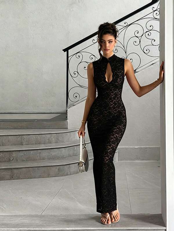 Robes d'été, Robes longues style cheongsam à devant ouvert en dentelle, Robes noires, Robes de soirée formelles, Robe formelle vacances mariage fête automne